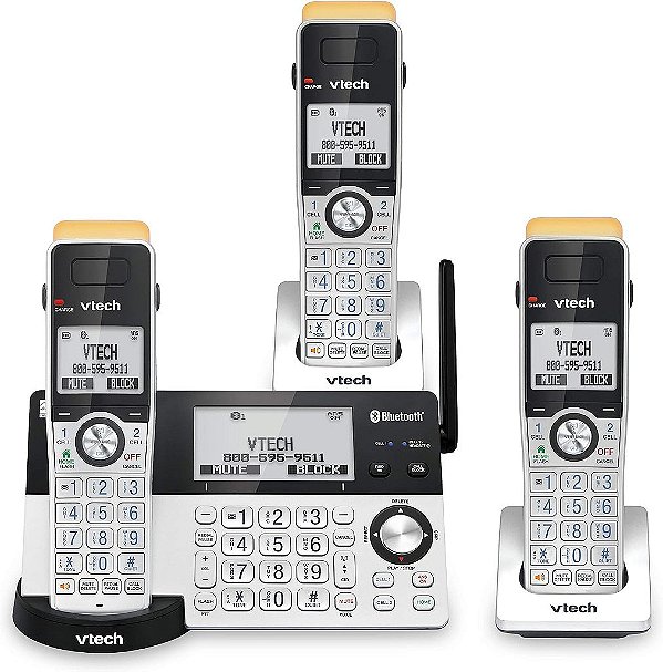 Telefone sem fio VTech IS8151-3 Super Long Range com 3 ramais e tecnologia DECT 6.0 para casa, com atendedor de chamadas, alcance de 2300 pés, bloqueio de chamadas, Bluetooth, entrada para headset, backup