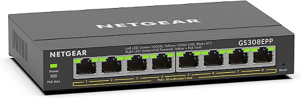 Switch Ethernet Gigabit Plus NETGEAR 8 Portas PoE (GS308EPP) - com 8 x PoE+ @ 123W, para Desktop ou Montagem na Parede