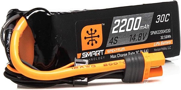 Bateria de lítio Smart RC Spektrum: 2200mAh 4S 14.8V 30C com Conector IC3 (Compatível com EC3), SPMX22004S30, Preto