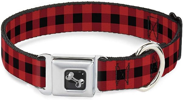 Coleira para Cachorro com Fivela de Cinto de Segurança - Xadrez Preto/Vermelho - 1,5 de Largura - Tamanho 18-32 de Pescoço - Grande