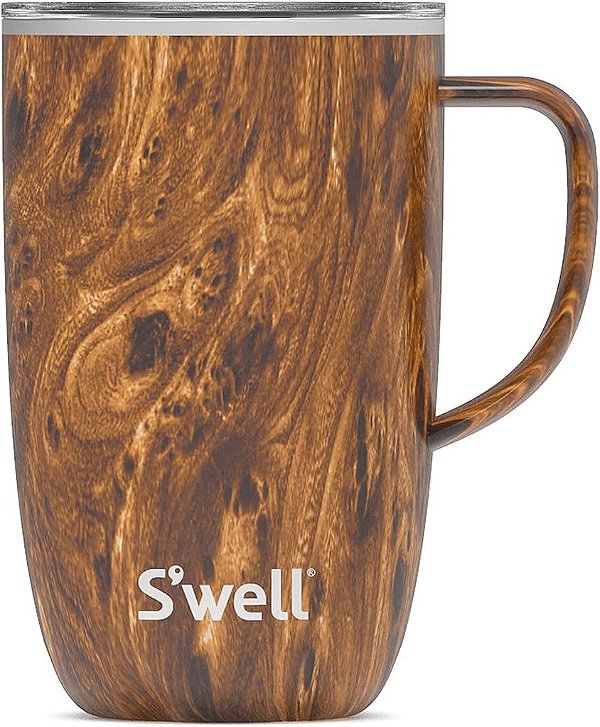Caneca de viagem de aço inoxidável S'well com alça - 16oz - Teakwood - Recipiente triplo isolado a vácuo projetado para manter as bebidas geladas por 10 horas e quentes por 3 - Garra