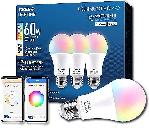 Lâmpada LED Inteligente Conectada Cree Lighting Connected Max A19 60W Branco Ajustável + Mudança de Cor, 2.4 GHz, Compatível com Alexa e Google Home, Não Necessita de Hub, Bluetooth + WiFi, 3 Un