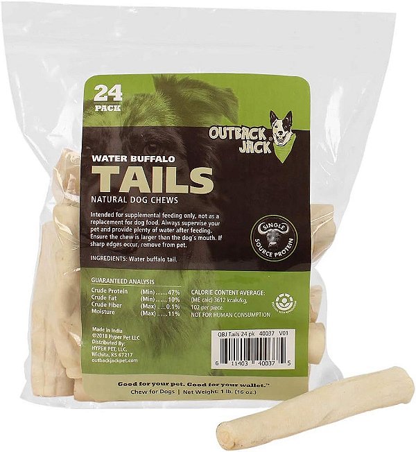 Buffalo Tails Outback Jack Treats para Cachorros 100% naturais, 6 polegadas, saco de 16 onças.