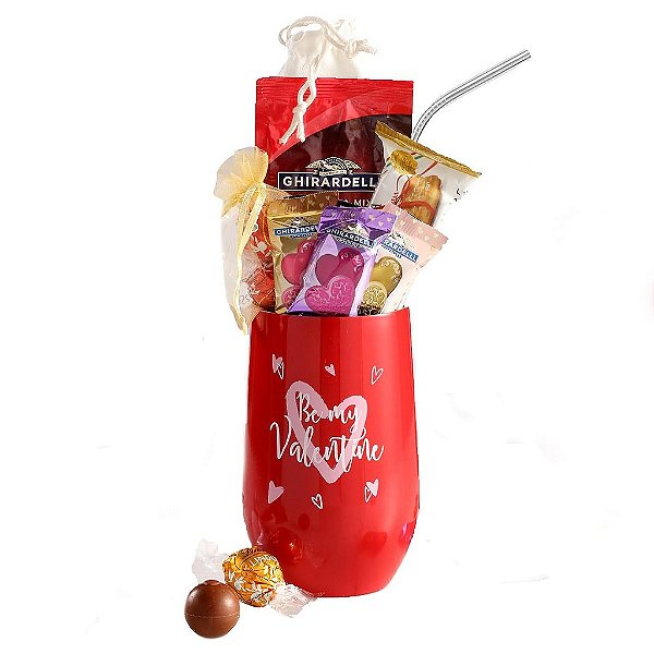 Cesta de Presente de Chocolate para o Dia dos Namorados com Caneca de Aço de 16oz e Canudo