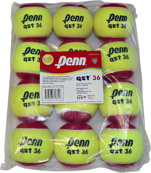 Bolas de Tênis Penn QST 36 - Bolas de Tênis Vermelhas com Feltro para Iniciantesjuvenis.