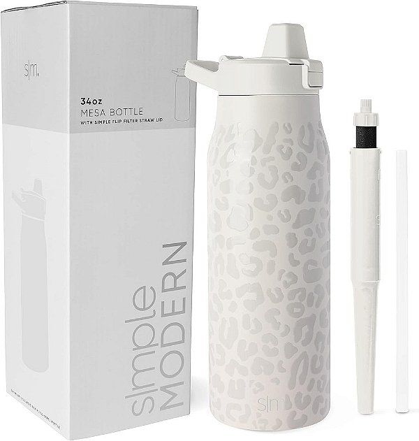 Garrafa de Água Filtrada Simple Modern | Garrafas de água de viagem isoladas de aço inoxidável com filtro de carbono | Reutilizável para água limpa durante o trajeto | Coleção Mesa | 34oz, Leopardo