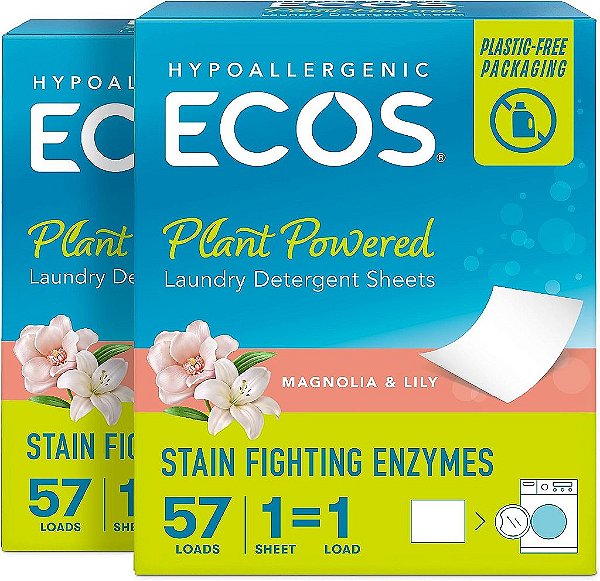 Folhas de detergente para lavanderia ECOS - Vegano, Sem Frasco de Plástico, Sem Bagunça e Sem Líquido - Folhas de Lavanderia na Máquina - Detergente para Lavanderia hipoalergên