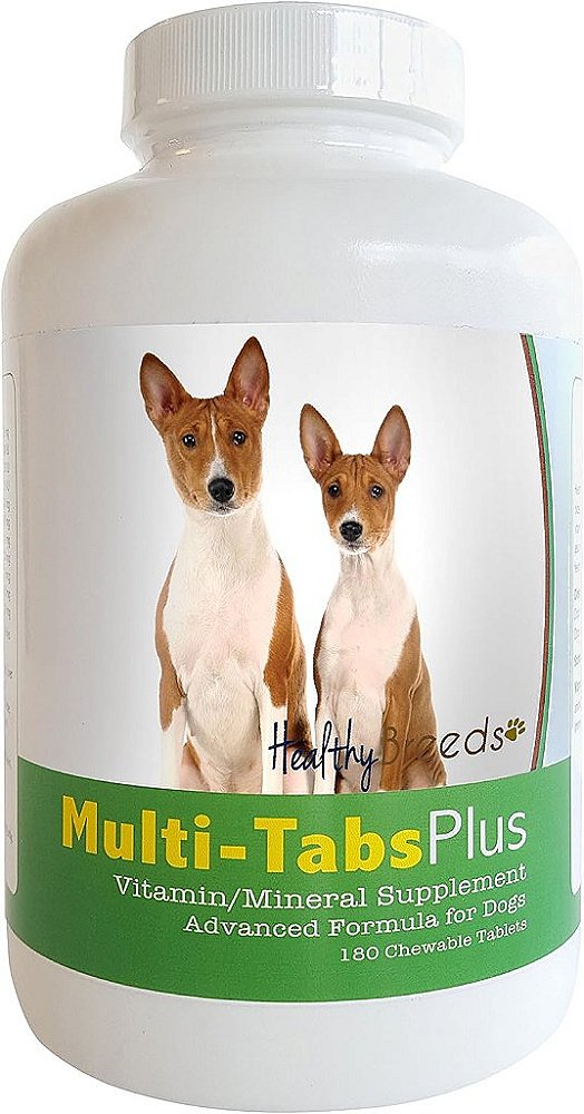 Suplemento mastigável multivitamínico Basenji Healthy Breeds com 180 comprimidos.