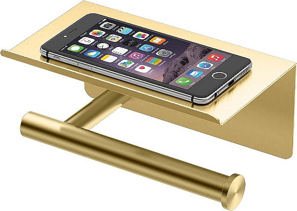 Suporte para papel higiênico com prateleira móvel Gatco 1420B Latitude II, latão escovado/Suporte de papel higiênico montado na parede de 7 com prateleira para armazenamento de celular para ban