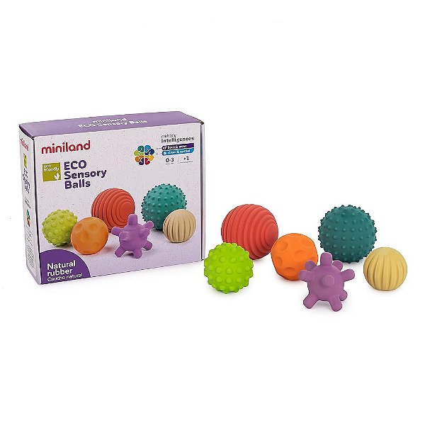 Bolas Sensoriais Miniland 6, Bebês do Nascimento aos 4 Anos, Borracha Natural, Brinquedos Macios para Mordedores, Fácil de Segurar, Texturizado, Cores para Estimulação Multissensorial, Desenv