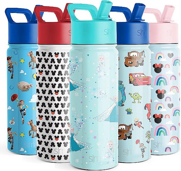 Garrafa de água infantil da Disney Elsa da Simple Modern com tampa de canudo | Copo de aço inoxidável isolado reutilizável para meninas, escola | Coleção Summit | 18oz, Floco de Neve de Elsa de Frozen
