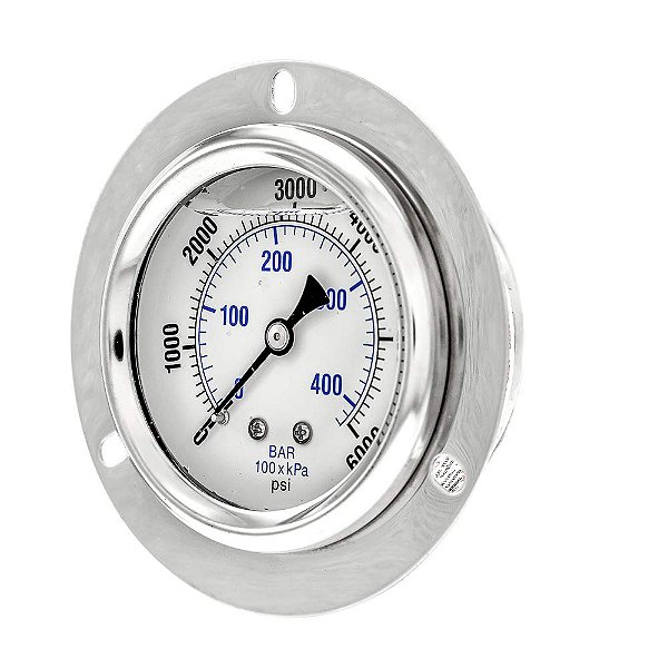 Manômetro Industrial Preenchido com Glicerina, Montagem em Painel com Flange Frontal, Caixa de Aço Inoxidável, Internos de Latão, Visor de Plástico, Mostrador de 2,5, Faixa de 0