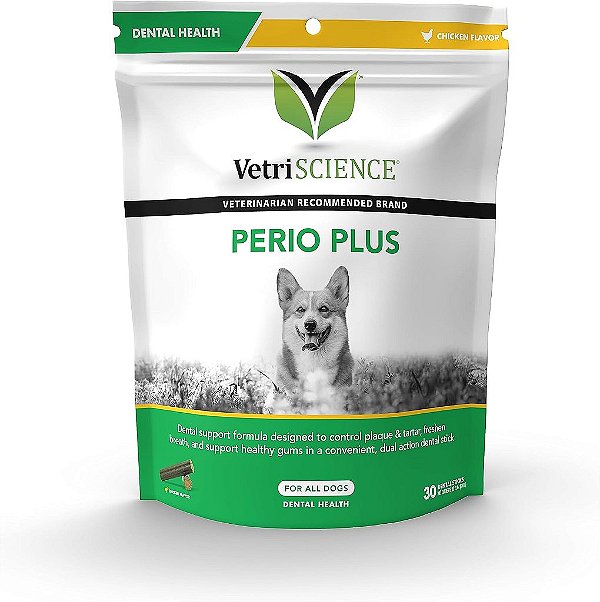VETRISCIENCE Perio Plus para Cães, Fígado de Frango, 30 Bastões - Hálito Fresco, Controle de Gengivas e Placa - Crocante por Fora, Macio por Dentro, Verde (090019A