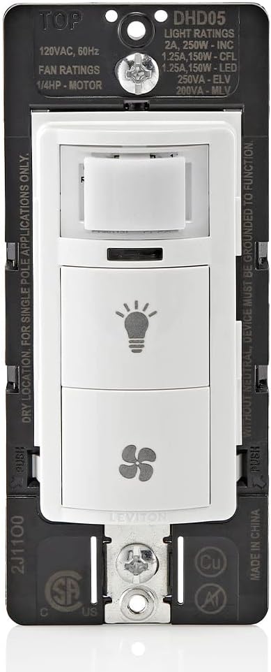 Sensor de Umidade de Combinação Dupla Leviton DHD05-1LW com Interruptor de Luz Separado, automatize o exaustor do banheiro, circulação de ar, controle de umidade, Monopolar/Monopolar, ¼ HP,