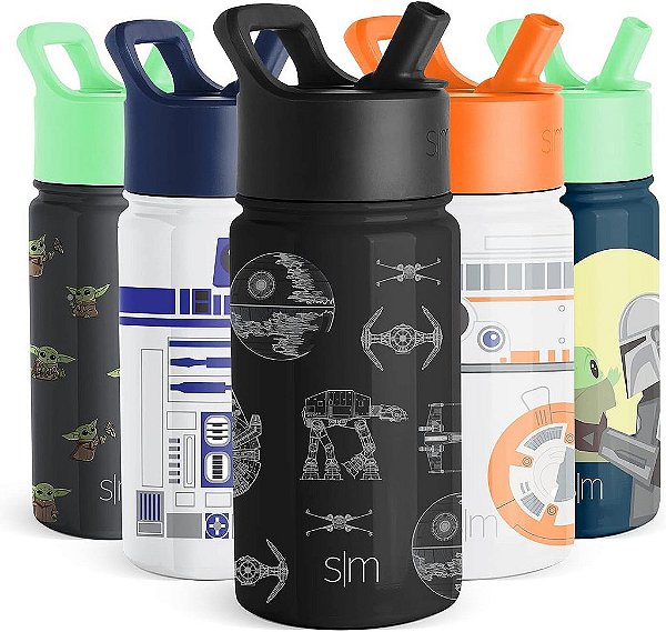Garrafa de água infantil do Star Wars Simple Modern com tampa de canudo | Caneca reutilizável isolada de aço inoxidável para presentes de escola, crianças pequenas, meninos | Coleção Summit | 14oz, Esquemas