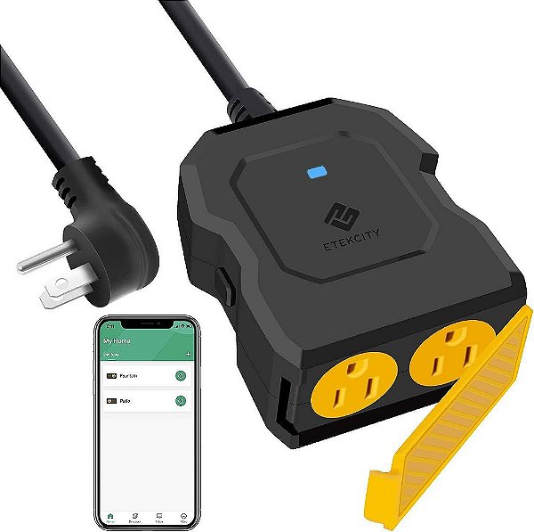 Tomada inteligente, tomada externa para casa inteligente Etekcity WiFi com 2 soquetes para luzes externas, função de temporizador e monitoramento de energia, funciona com Alexa e Google Home, controle remoto sem fio, lista ETL