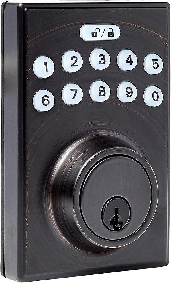 Trava de porta com teclado eletrônico Amazon Basics com entrada sem chave, opção de entrada com chave, contemporânea, óleo bronze.