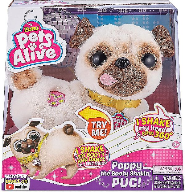 Pets Alive Poppy O Pug Que Mexe o Bumbum - Brinquedo Interativo de Pelúcia Dançante para Crianças, Meninas, Cachorro Realista Robótico de Pelúcia Macia da ZURU