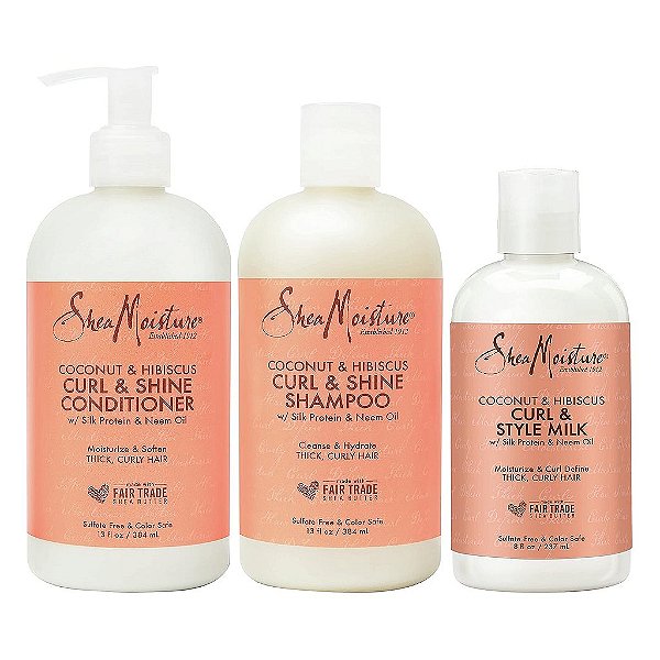 SheaMoisture Hidratação e Definição Shampoo, Condicionador e Leite para Styling para Cuidados com Cabelos Cacheados de Coco e Hibisco com Manteiga de Karité e Óleo de Coco