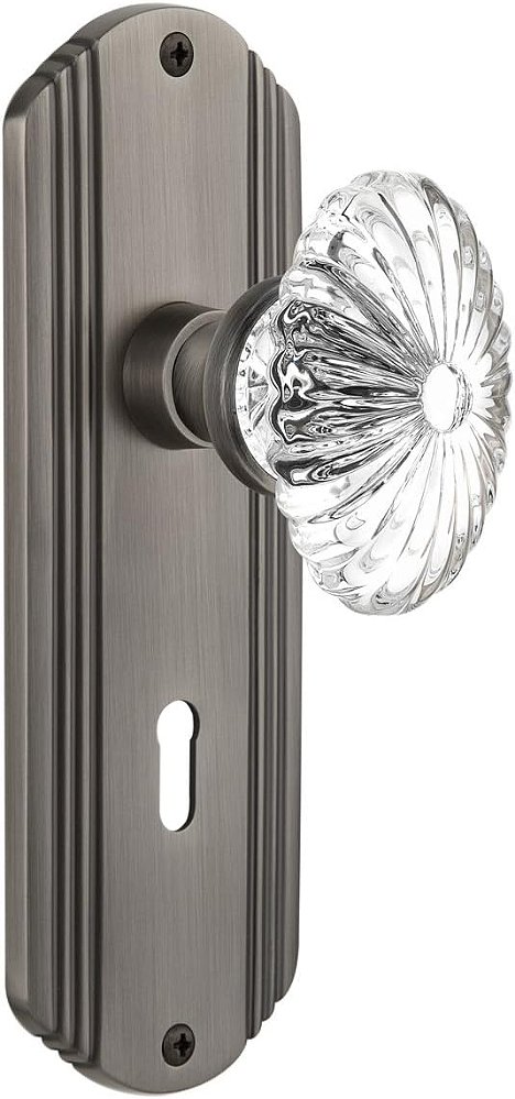 Placa Decorativa Nostalgic Warehouse com Furo Oval para Chave, Maçaneta de Cristal Fluted, Privacidade - 2.375, Peltre Antigo