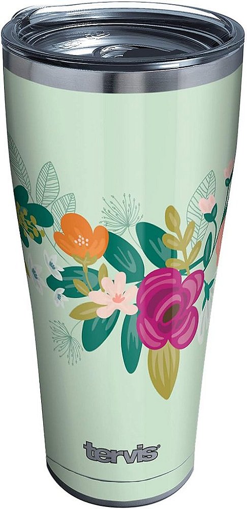 Caneca de viagem isolada com parede tripla floral de hortelã neo Tervis mantém as bebidas geladas e quentes, 30oz Legacy, Aço Inoxidável