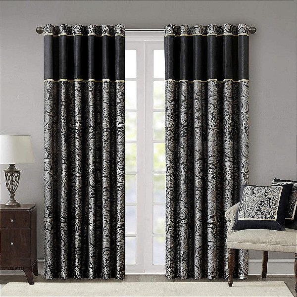 Cortina de bolso para viver, cozinha, quarto e dormitório, 50 x 108 pol., Tramas em jacquard de seda falsa Madison Park Aubrey, preta.