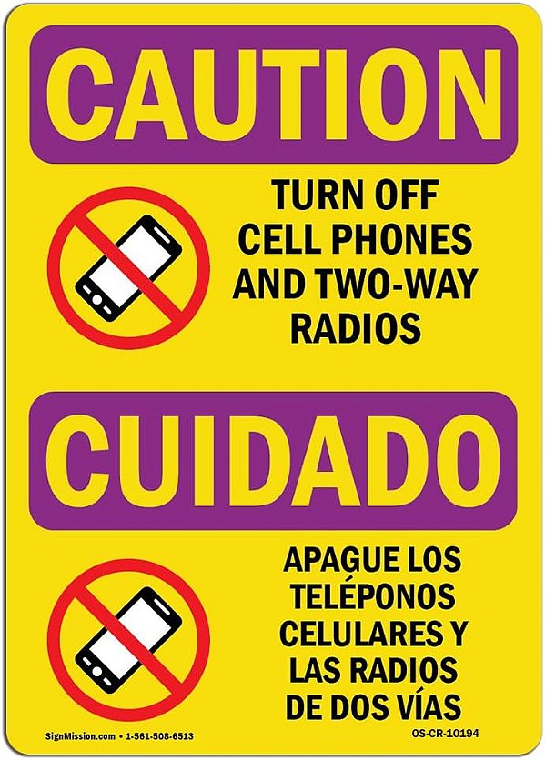 Sinal de advertência da OSHA para radiação - Desligue os celulares Bilingue | Adesivo | Proteja seu negócio, local de trabalho, armazém e área de loja | Fabricado nos EUA