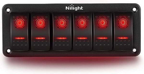 Painel de Interruptores de Alternância Nilight 6 Gang 5Pin On Off 12V 24V com Suporte de Alumínio Pré-Cabido, Interruptores Retroiluminados em Vermelho para Carros, Barcos, RVs e Caminh