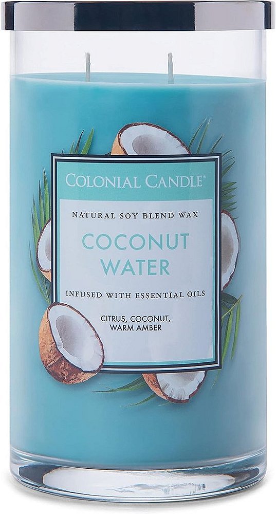 Vela de Jarra Perfumada com Água de Coco da Colonial Candle, Coleção Cilíndros Clássicos, 2 Pavios, Azul, 19 oz - Até 120 Horas de Queima