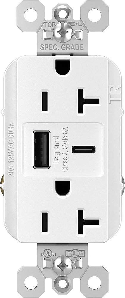 Legrand - Tomada de parede Pass & Seymour com portas USB, incluindo tomada de parede com carregador USB tipo C, branca, TR20USBAC6W, 1 unidade