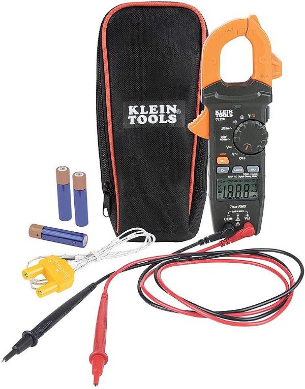 Medidor de Alicate Digital Klein Tools CL220, Auto-variável 400 Amp AC, Tensão AC/DC, TRMS, Resistência, Continuidade, Detecção NCVT e Temperatura.