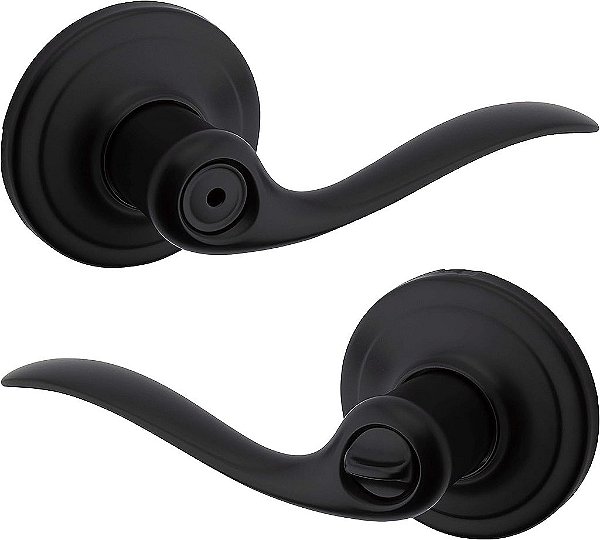 Maçaneta de porta interna de privacidade Kwikset Tustin com fechadura, alavanca de porta para banheiro e quarto, preto fosco reversível sem chave, com proteção Microban