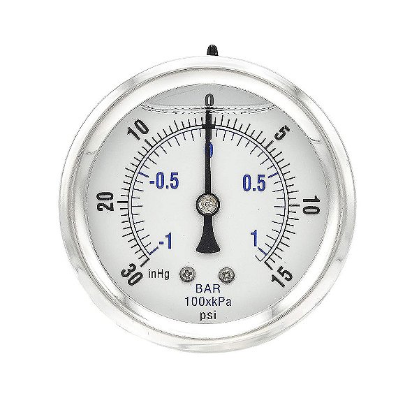 Manômetro montado em painel com flange dianteira industrial, preenchido com glicerina, com caixa de aço inoxidável, internos de latão, lente de plástico, tamanho de discagem de 2-1/2, conex