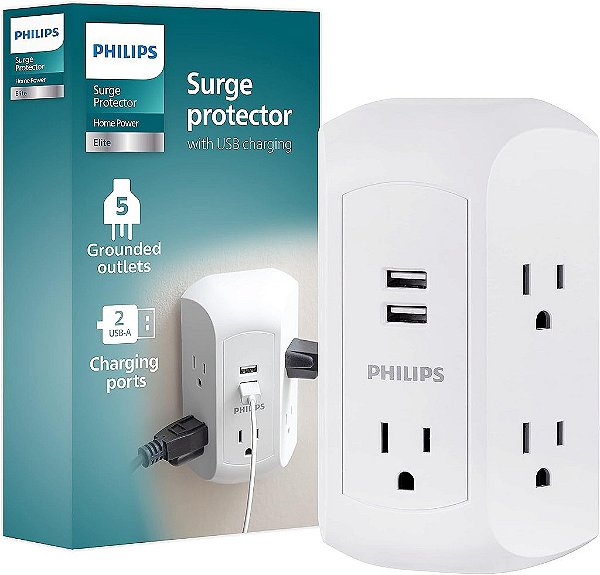 Philips Acessórios 5 Tomadas Extensor, Adaptador de Parede Aterrado, 3 Pinos, 2 USB-A, Protetor de Surto, Tomadas Espaçadas, Acesso Lateral, 560 Joules, Instalação R