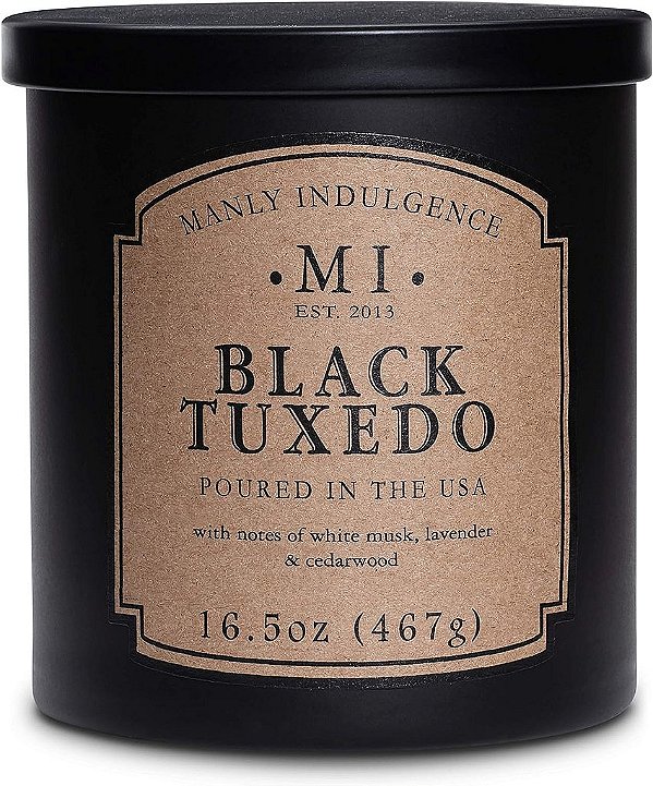 Vela de pote de terno preto para homem 16,5 oz - Almíscar Branco, Lavanda, Cedro, Jasmim & Orris Terroso - Queima de até 60 horas - Mistura de cera de soja, Vertida