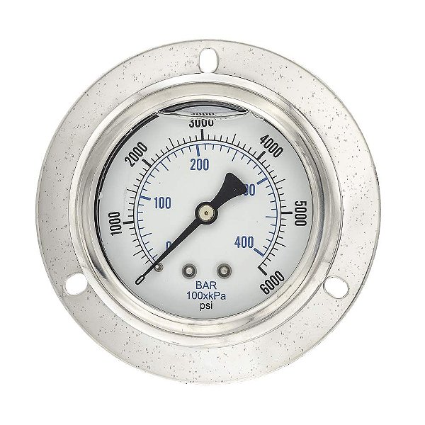 Manômetro de pressão com glicerina e montagem de painel frontal com flange PIC Gauges 204L-404S com caixa/aro de aço inoxidável, componentes internos de latão, lente de PC, mostrador de 4 pole
