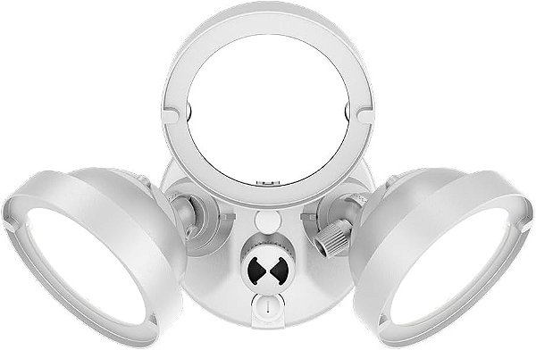 Refletor LED integrado para exterior, sensor crepuscular, branco, 27 watts, com três cabeças redondas, 4000K, 3000 lumens.