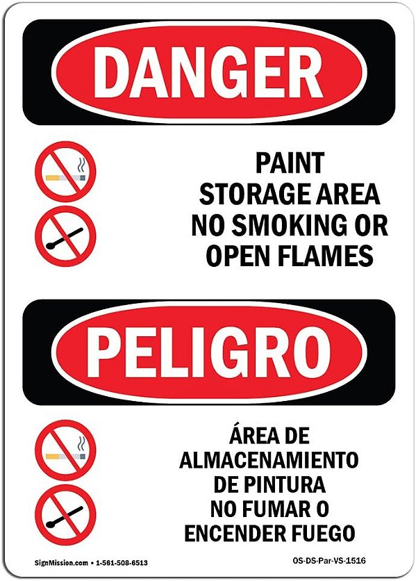 Placa de Perigo da OSHA - Armazenamento de Tinta Proibido Fumar Chamas Bilíngue | Adesivo | Proteja Seu Negócio, Canteiro de Obras, Área de Loja | Fabricado nos EUA