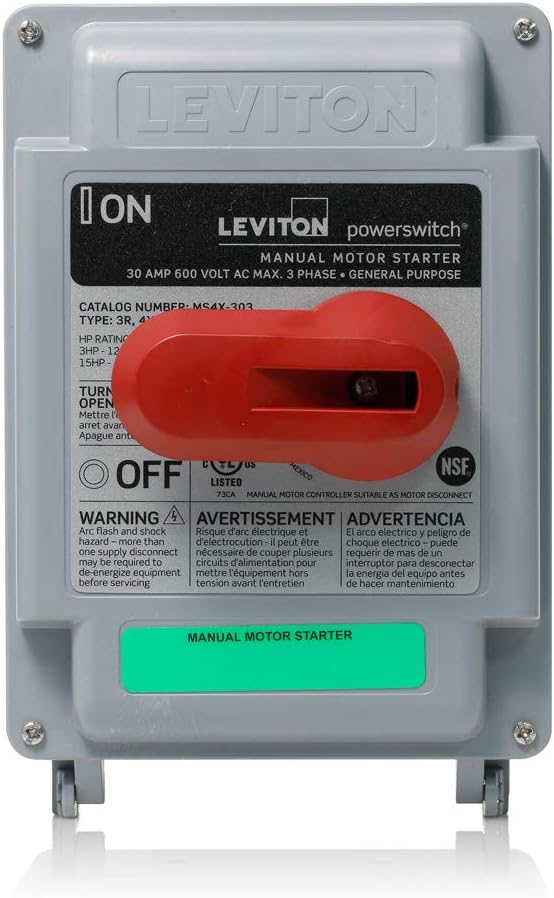 Acionador de Motor Manual Não Fusível Leviton MS4X-303 30 Amp, 600 VAC, 3 Pólos, Adequado como Desconexão de Motor, Enclausuramento Termoplástico Tipo 4X, IP67 à Pro
