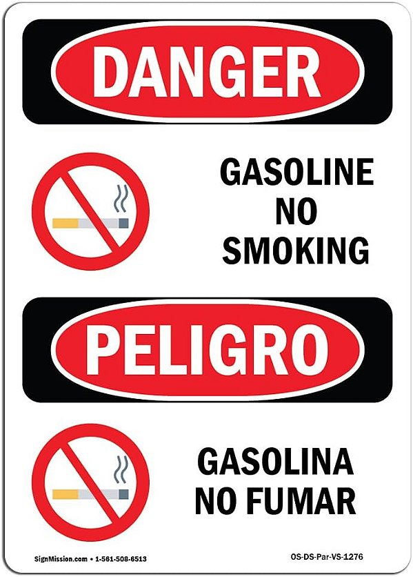 Placa de Perigo OSHA - Gasolina Proibido Fumar Bilíngue | Plástico | Proteja Seu Negócio, Canteiro de Obras, Armazém e Área Comercial | Feito nos EUA