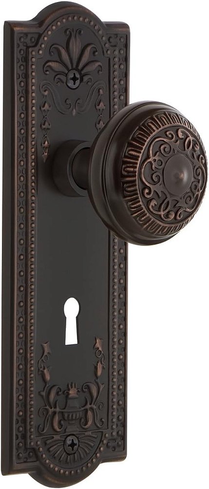 Placa de fechadura Nostalgic Warehouse Meadows com maçaneta de porta dupla Egg & Dart Dummy em bronze atemporal