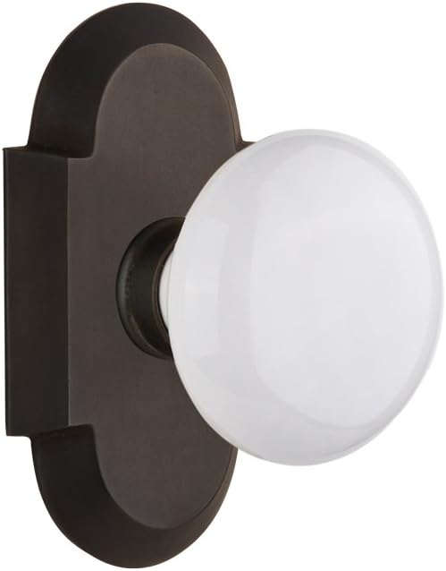 Placa de Porta de Estilo Antigo da Nostalgic Warehouse com Maçaneta de Porcelana Branca, Passagem - 2.375, Bronze Envelhecido