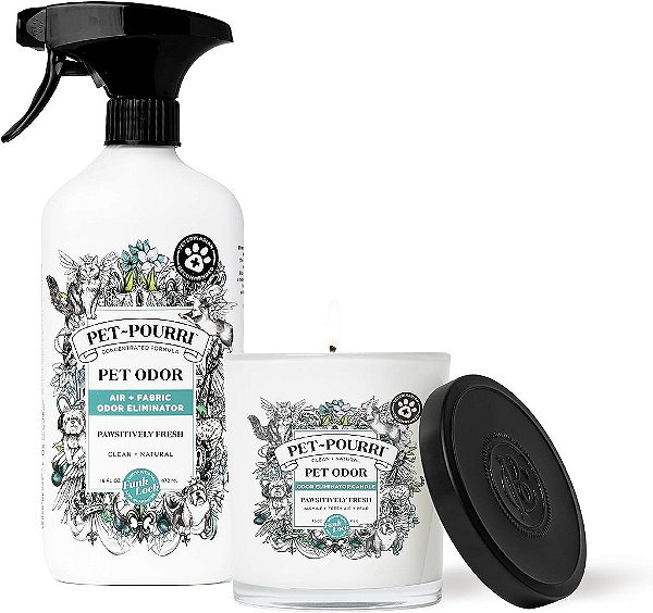 Coleção de eliminador de odores para animais de estimação - Spray eliminador de odores para ar e tecido de 16 oz e vela eliminadora de odores para animais de estimação de 7,5 oz - Jasmim,
