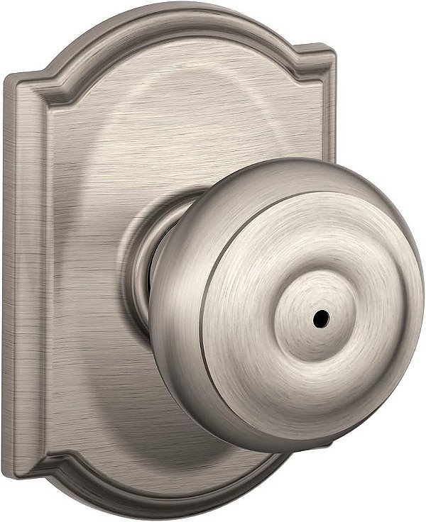 Maçaneta de porta georgiana Schlage F40 GEO 619 CAM com acabamento Camelot, fechadura de privacidade para cama e banho, níquel acetinado.