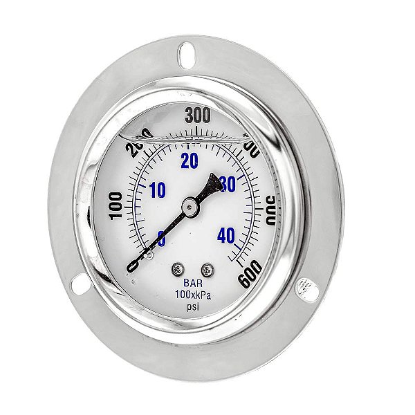 Manômetro de pressão industrial preenchido com glicerina, montagem frontal flangeada, com caixa de aço inoxidável, internos de latão, lente de plástico, mostrador de 2,5, faixa de 0/600