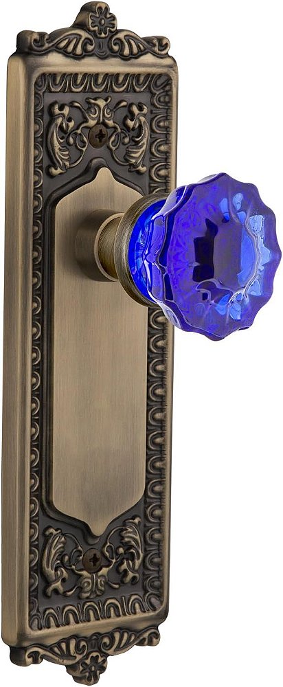 Placa Egg & Dart Crystal Cobalt Glass Door Knob da Nostalgic Warehouse em latão antigo, passagem 2.75