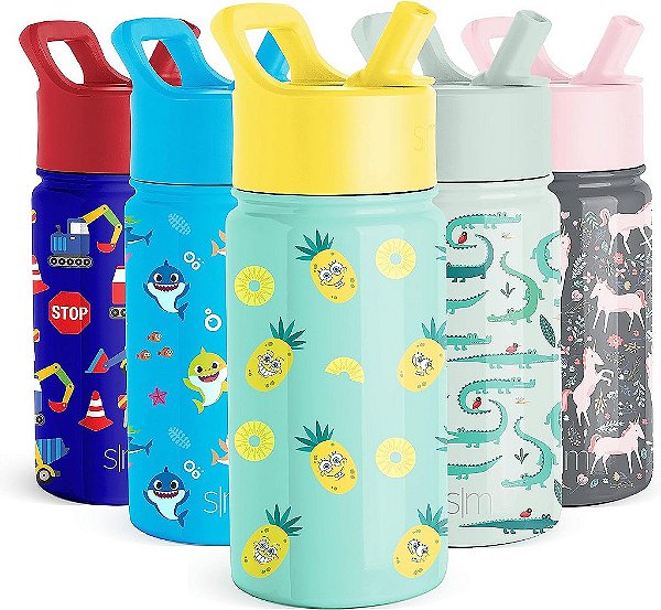 Garrafa de água para crianças Simple Modern Spongebob com tampa de canudo | Copo térmico de aço inoxidável reutilizável presente para escola, crianças, meninas, meninos | Coleção Summit | 14oz, Abacax