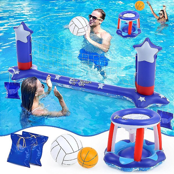 Rede de Vôlei Inflável de Piscina Grande de 116 e Cesta de Basquete com 2 Bolas de Praia Bandeira Americana Jogos de Piscina para Família e Adultos Suprimentos de Festa Flutuante do