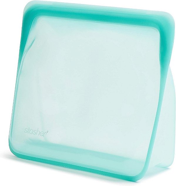 Bolsa de armazenamento de silicone reutilizável da Stasher, recipiente de armazenamento de alimentos, seguro para micro-ondas e máquina de lavar louça, à prova de vazamentos, em pé - Mega, Aqua