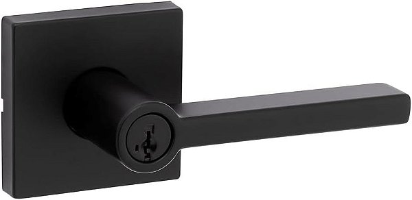 Maçaneta de porta de entrada Kwikset Halifax com fechadura e chave, alavanca reversível com chave segura para área externa, para entrada principal e quartos, preto fosco, segurança antirroubo Smartkey rekey e proteção Micro
